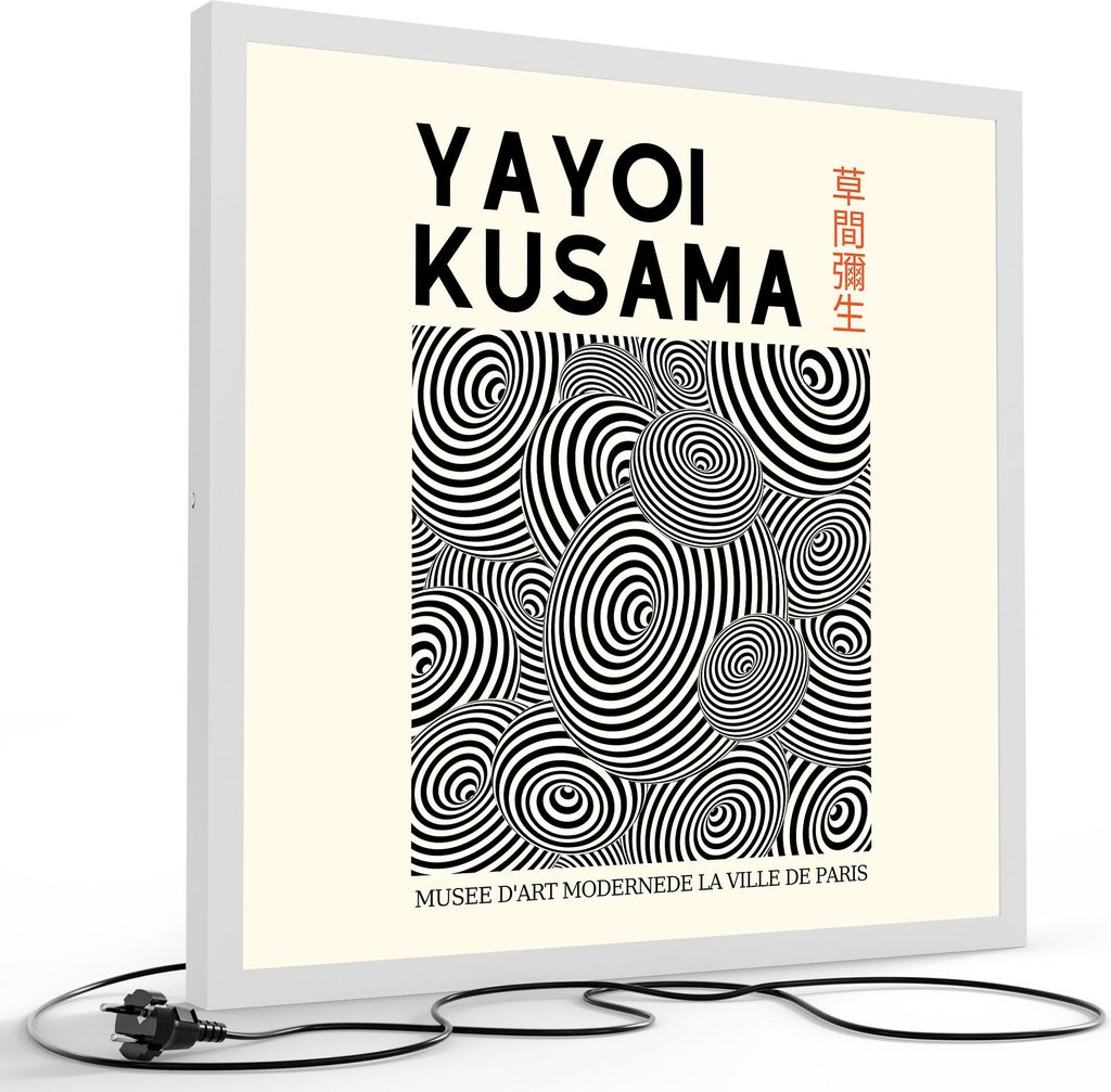 DEQORI LED-Bild & Lampe 60x60 cm Weiß 'Kusamas Spiraltanz' Leuchtbild LED Leuchte