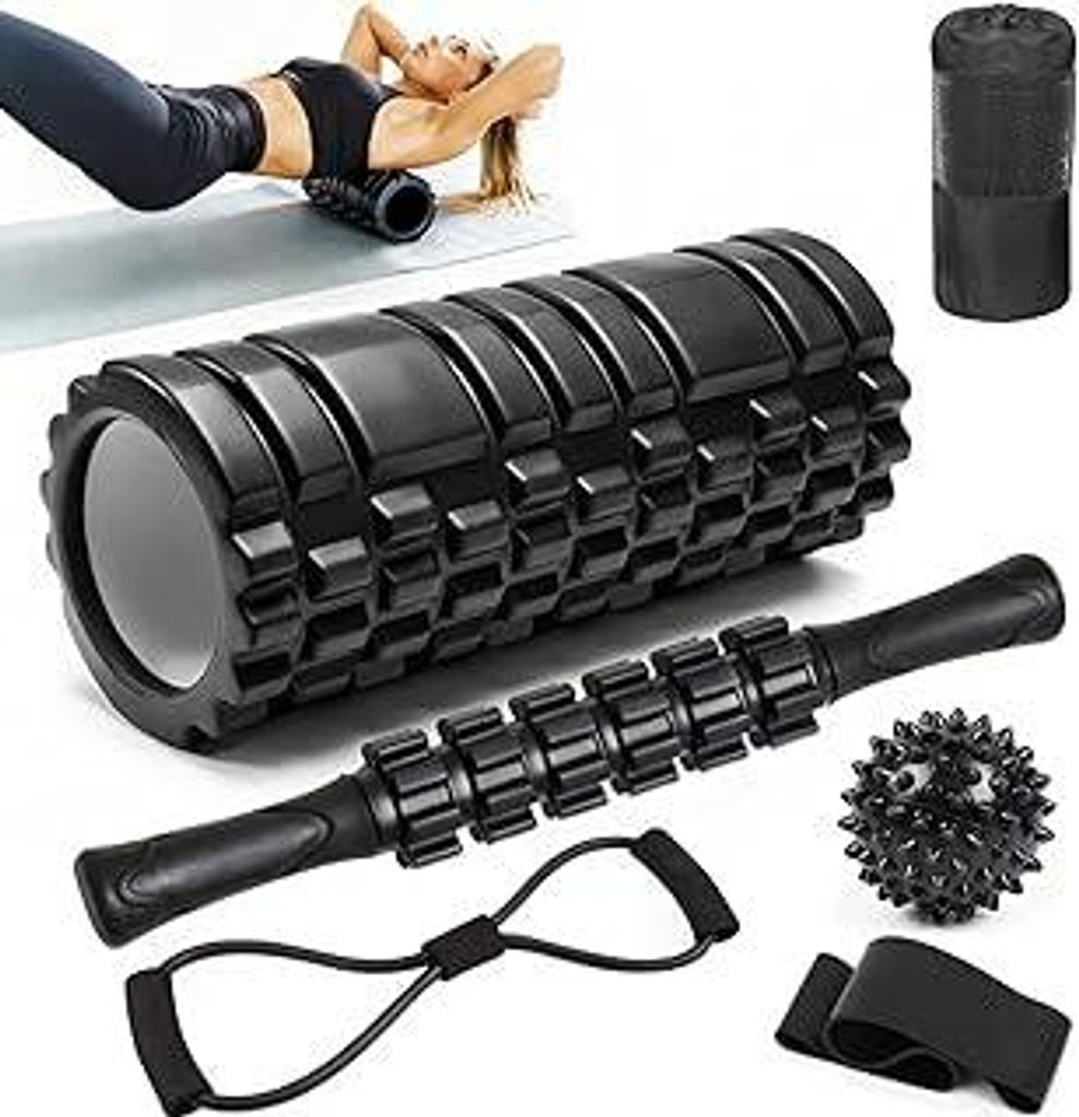 Faszienrolle Set, 33x13cm Foam Roller mit Massageroller Stab, Massageball und Fitnessbänder, Muskelverspannungen lindern, Rückenrolle, Pilates Ro...