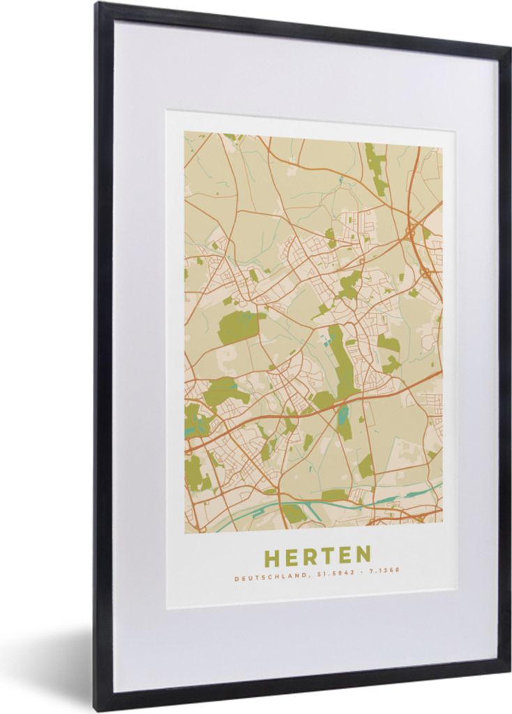 MuchoWow Gerahmtes Poster Stadtplan - Hirsche - Karte - Vintage 40x60 cm - Poster mit Schwarzem Bilderrahmen Wandposter Rahmen Foto Bilder - Post...