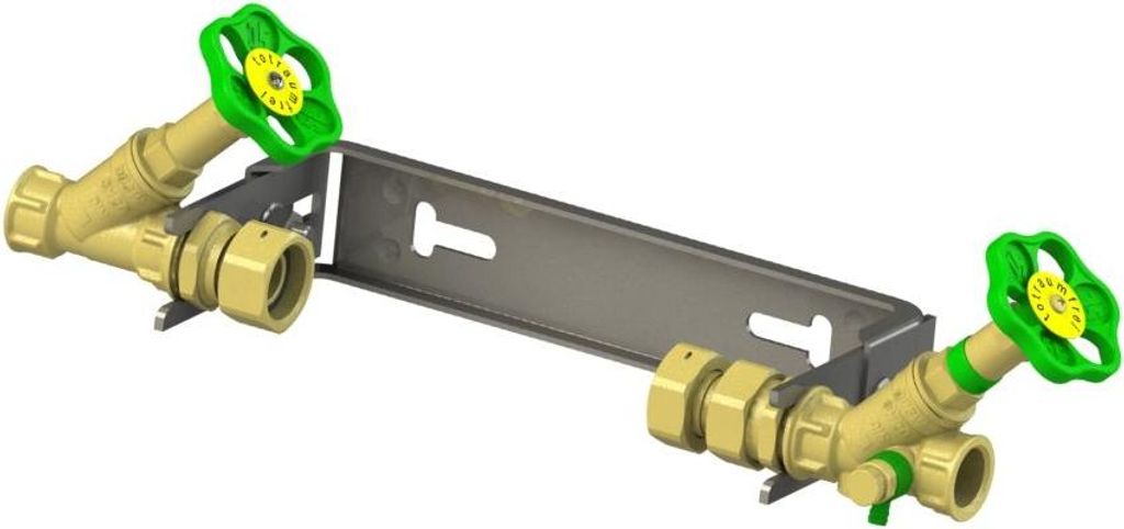A 3D rendering of a plumbing fixture with two valves mounted on a metal bracket.