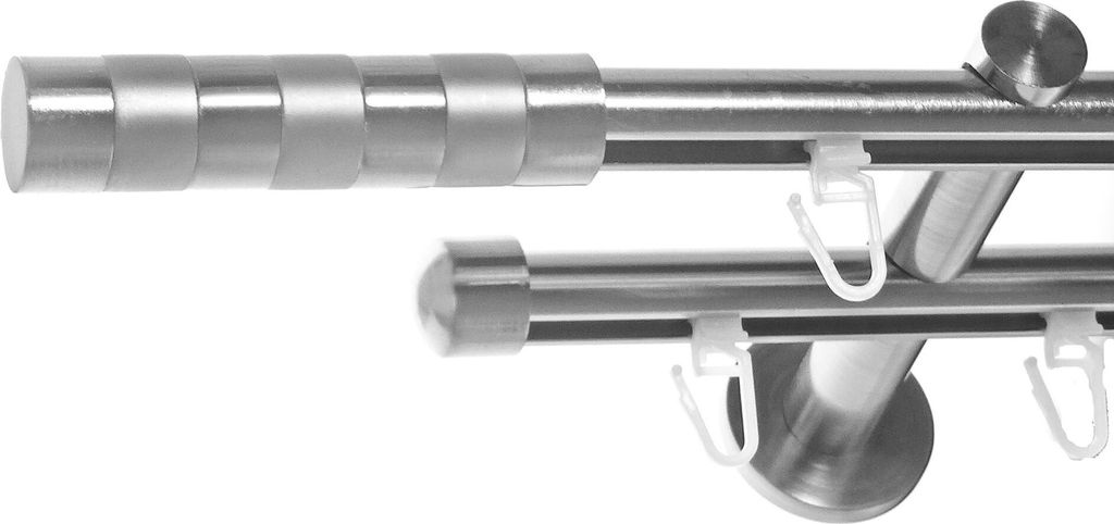 Innenlauf Gardinenstange Edelstahl look, Durchmesser 16mm, Wandträger H80, 2-läufig, Länge 160, Endkappe E12