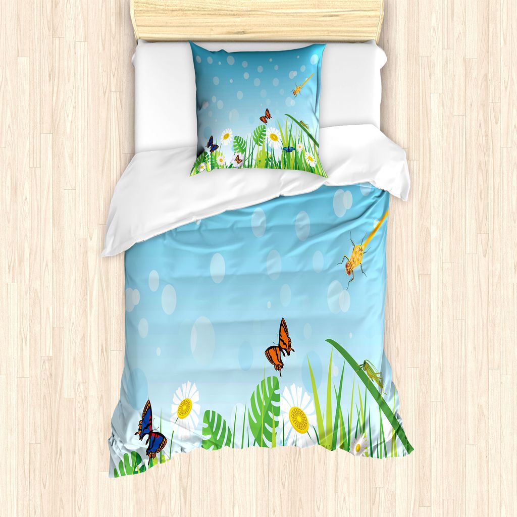 ABAKUHAUS Blumen Insekten Bettbezug Set für Einzelbetten, Sunny Wiese, Milbensicher Allergiker geeignet mit Kissenbezug, 135 cm x 200 cm - 80 x 80...
