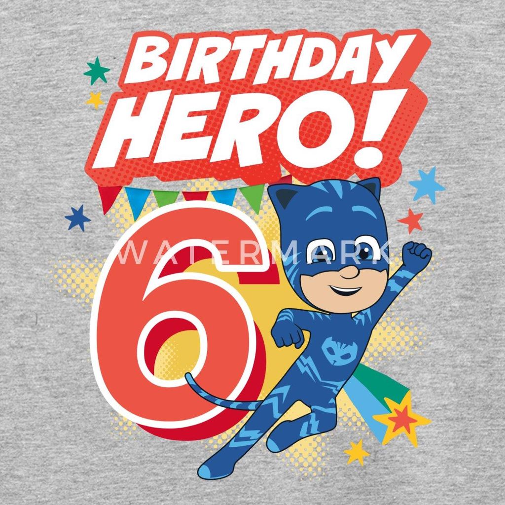 Spreadshirt PJ Masks Catboy Birthday Hero 6. Geburtstag Kinder T-Shirt, 122/128 (7-8 Jahre), Grau meliert
