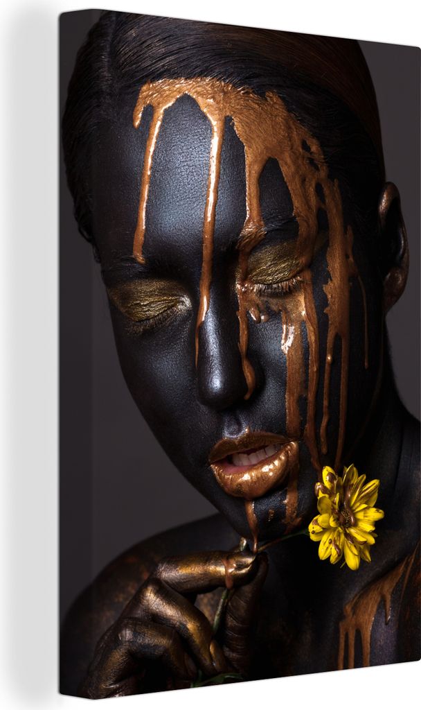 OneMillionCanvasses - Leinwandbilder - 90x140 cm, Frau - Gold - Schwarz - Blume, Wandbilder Kunstdruck Wanddekoration - Foto auf Leinwand - Gemä...