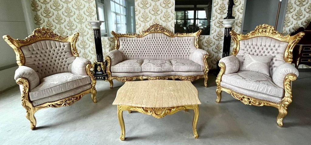 Casa Padrino Barock Wohnzimmer Set Grau Muster / Gold - 1 Barock Sofa & 2 Barock Sessel - Wohnzimmer Möbel im Barockstil - Barock Möbel - Barock ...