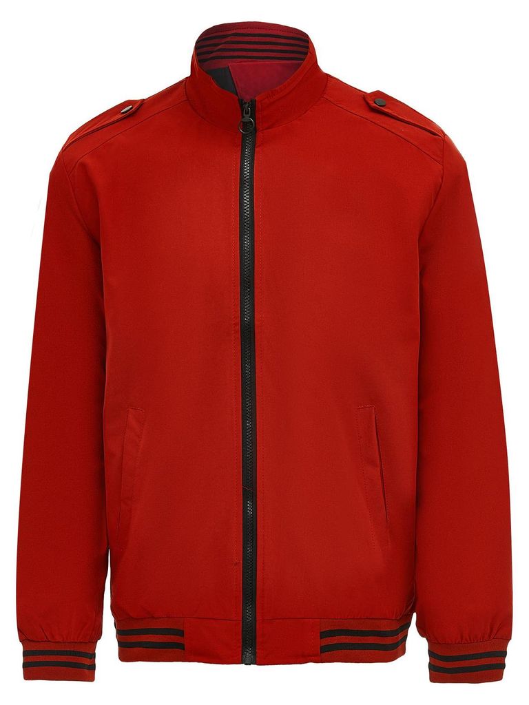 Herren Jacke Rot L mit Stehkragen, Druckknopfdetails und gestreiften Rippbündchen