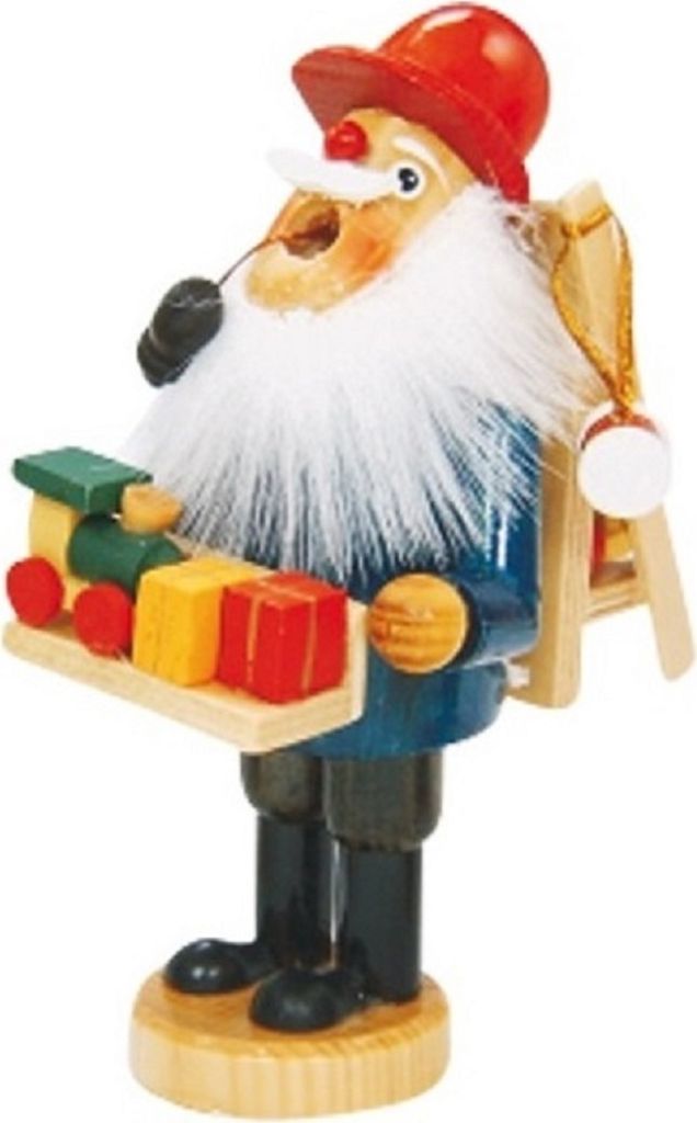 Räuchermännchen Händler mit Bauchladen. Er trägt einen roten Hut und einen dunkelblauen Mantel.