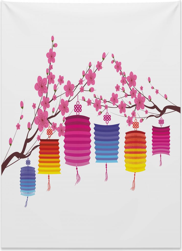 Abakuhaus Laterne Wandteppich, Chinesische Sakura-Bäume aus Weiches Mikrofaser Stoff Kein Verblassen Klare Farben Waschbar, 110 x 150 cm, Mehrfarbig
