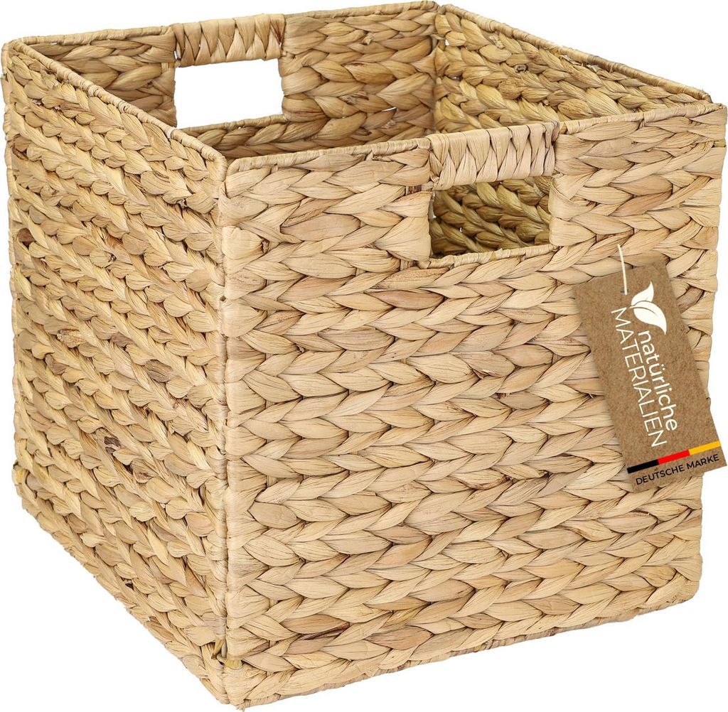 HMF Aufbewahrungskorb passend für KALLAX Regal, Korb geflochten aus Wasserhyazinthe mit Griffen, 32 x 34,5 x 32 cm, Natur