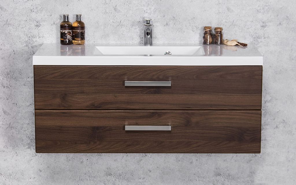 Quentis Badmöbel Genua 100 cm, Nussbaum, Waschtischunterschrank montiert, inkl. Waschbecken