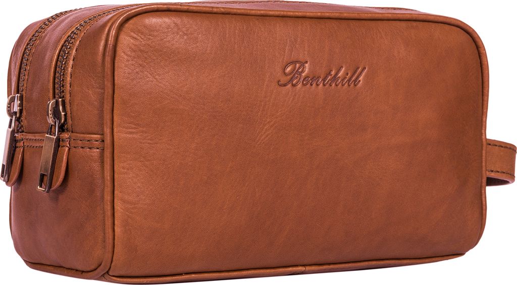 Benthill Kulturtasche Leder - Kosmetiktasche aus weichem hochwertigem Echtleder - Vintage Travel Beutel