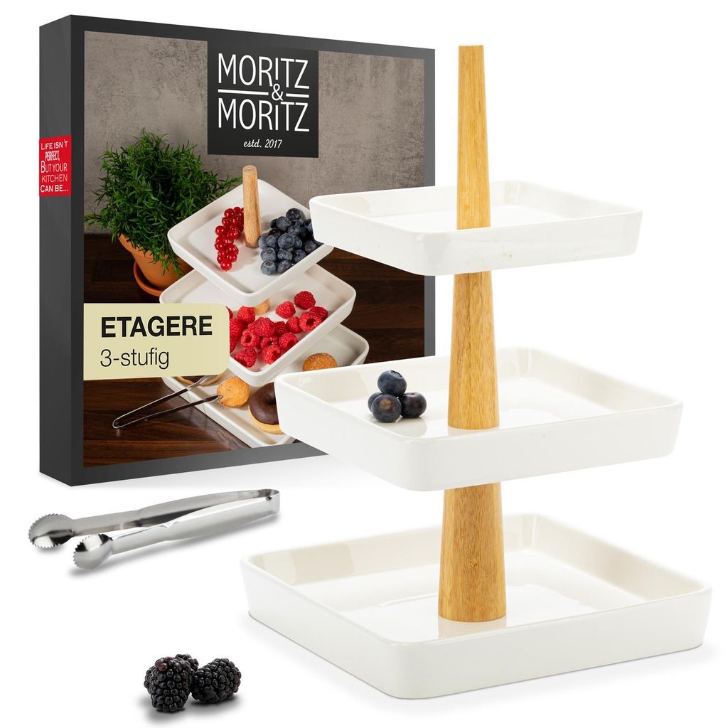 Moritz & Moritz Porzellan Etagere 3 Etagen eckig weiß mit Holz - Inkl. Zange