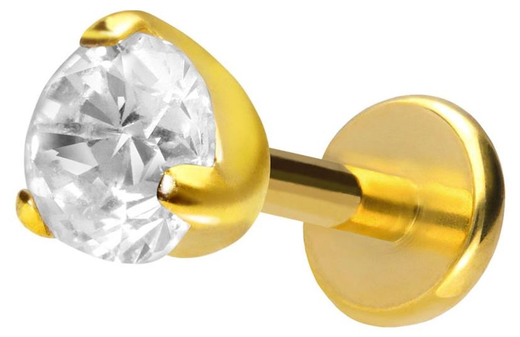 Ohrpiercing, Nasenpiercing Titan Labret mit Push Fit EINGEFASSTER KRISTALL Gold Stablänge: 5mm | Stabstärke: 1mm | Kristallgröße: 5mm