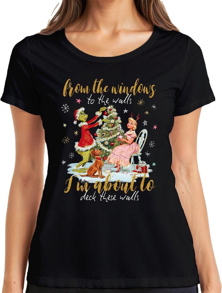 From the windows to the walls Grinch Christmas funny retro gift Damen T-Shirt, Schwarz, M