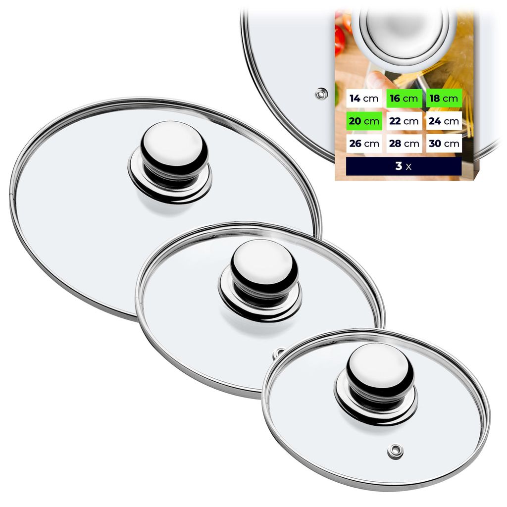 Three glass pot lids of varying sizes are arranged diagonally on a white background. A small inset shows a chart with sizes and quantities.