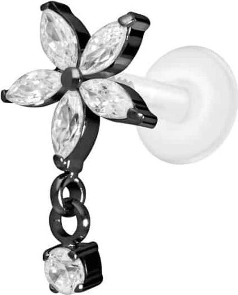 Ohrpiercing, Nasenpiercing PTFE Labret mit Innengewinde + Titan-Aufsatz KRISTALLBLUME + KRISTALL Schwarz Stablänge: 6mm | Stabstärke: 1,2mm