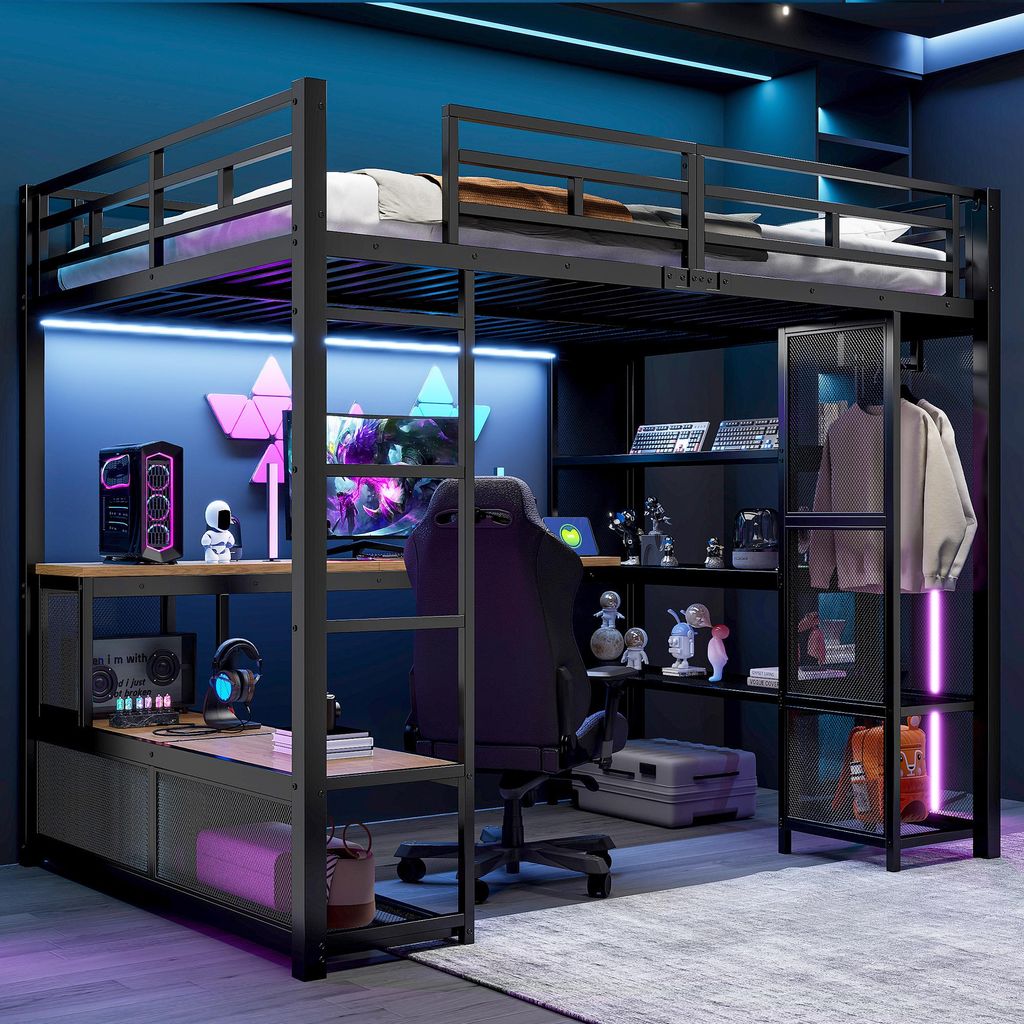 Merax Etagenbett Hochbett 140x200 mit Schreibtisch, Regale, offenem Kleiderschrank, USB, LED-Beleuchtung, Metall Kinderbett, Stockbett, Schwarz