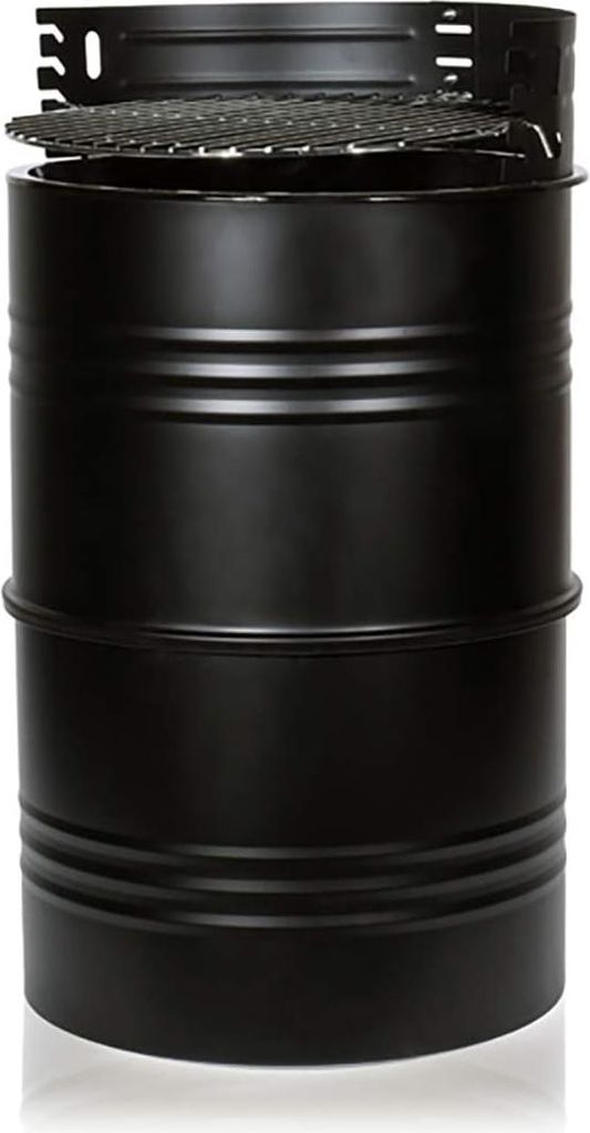 A black barrel-shaped grill with a grate on top, shown against a white background.