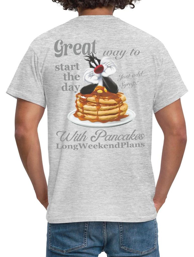 Spreadshirt Looney Tunes Pancakes Mit Spruch Und Sylvester Cat Männer T-Shirt, 3XL, Grau meliert