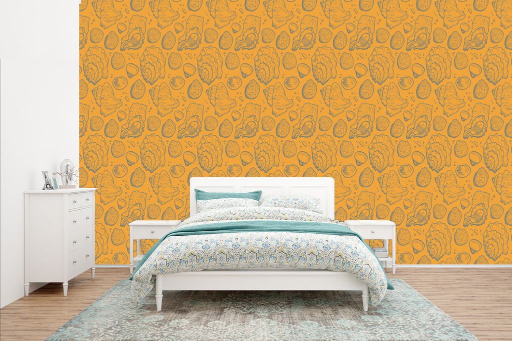 MuchoWow Fototapete für Wohnzimmer oder Schlafzimmer Wandtapete Vinyl Motivtapete Muscheln - Gelb - Orange - Muster - 435x260 cm - Kinderzimmer