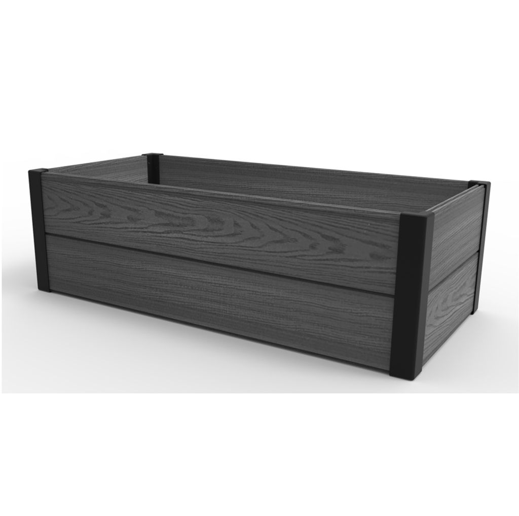A 3D rendering of a dark gray wooden raised garden bed with black corner accents, shown against a white background.