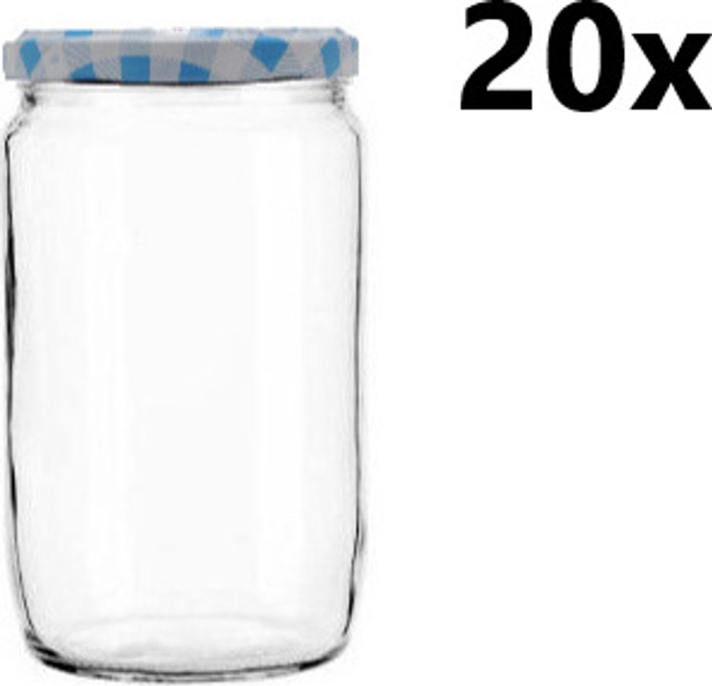 A single clear glass jar with a checkered blue and gray lid, set against a white background. The text '20x' is prominently displayed to the right of the jar.