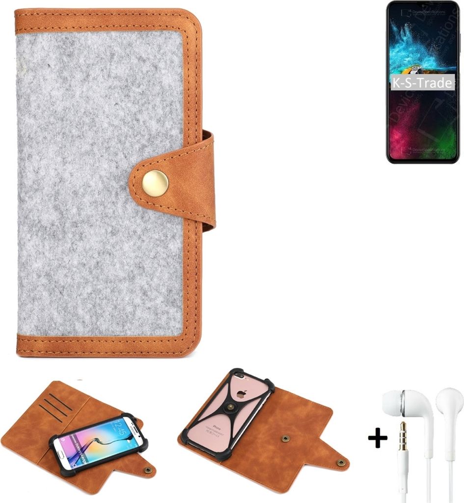 K-S-Trade Handyhülle + Kopfhörer kompatibel mit Ulefone Note 12 Schutzhülle Filz Hülle Kunstleder hellgrau braun (1x)