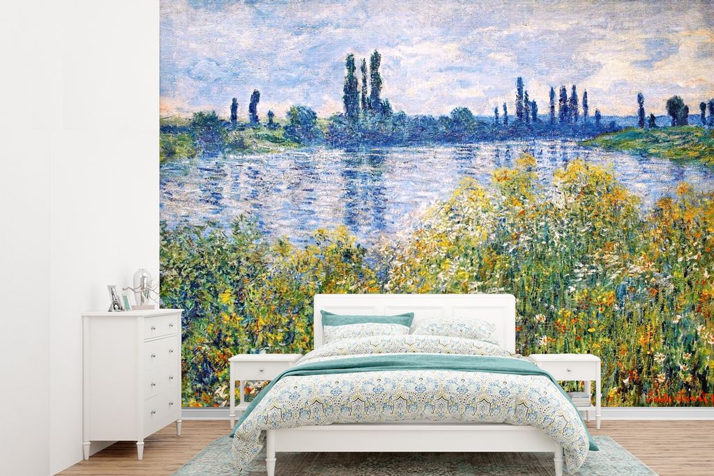 MuchoWow Fototapete für Wohnzimmer oder Schlafzimmer Wandtapete Vinyl Motivtapete Blumen am Ufer der Seine, in der Nähe von Vetheuil - Gemälde...