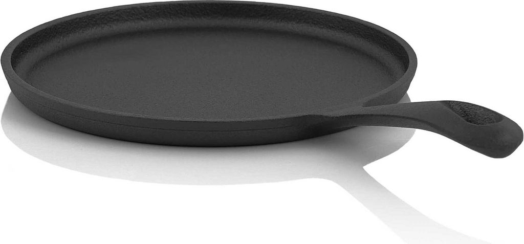A black cast iron griddle pan with a handle, shown on a white background with a reflection.
