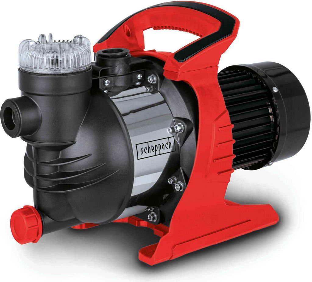 A red and black water pump is shown against a white background.