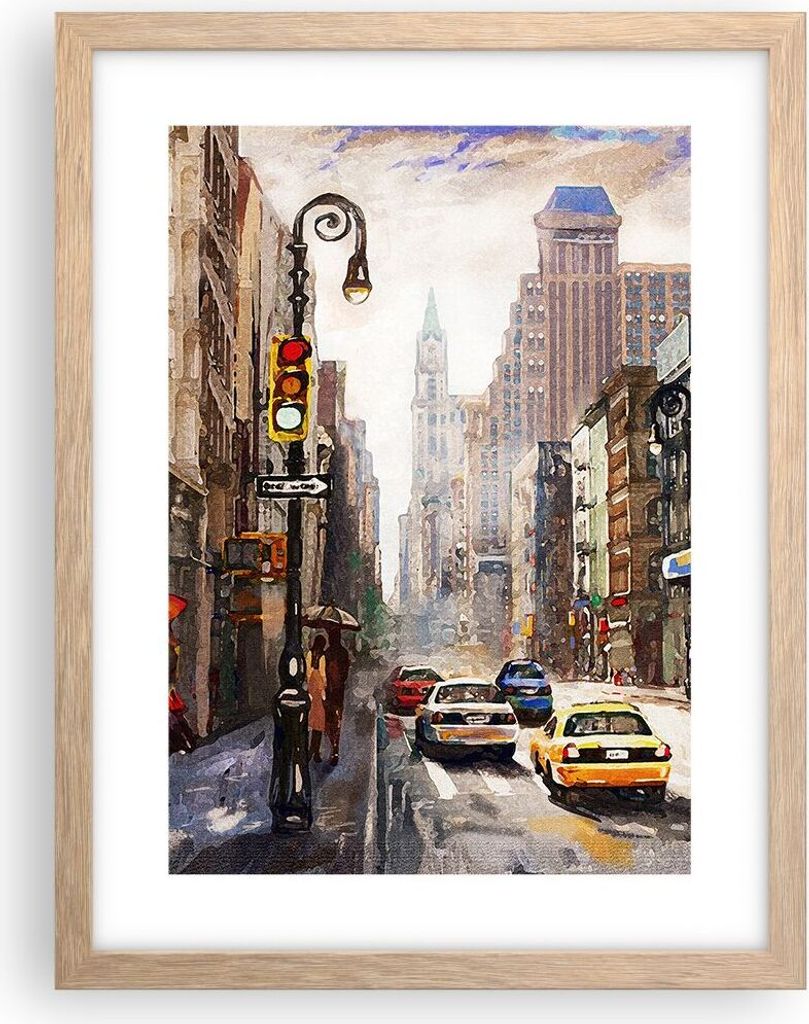 Gerahmtes Poster - Rahmen in heller Eiche - New York Aquarell - 30x40 cm - Wand Bild - Wanddeko - Wandbilder - Kunstposter - Wandposter - Bilderrah...