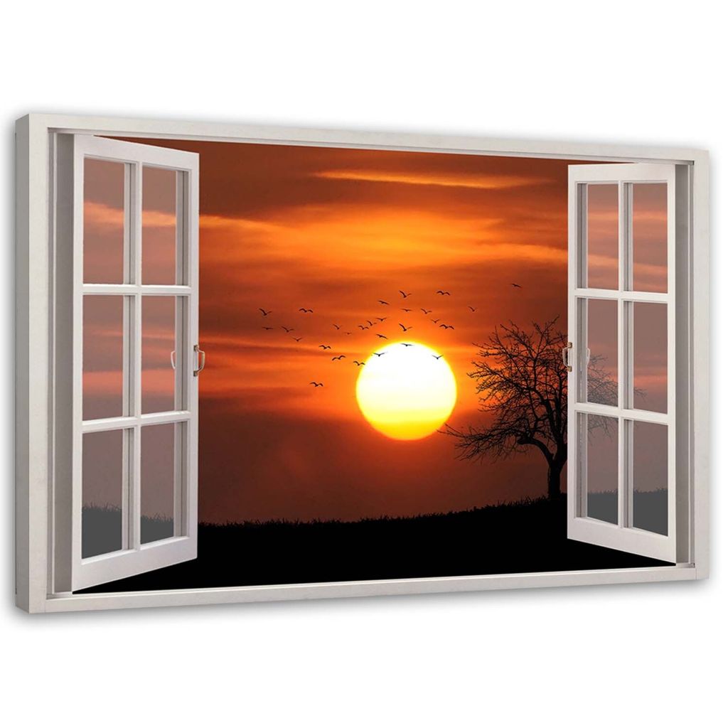 Leinwandbild fenster - sonnenuntergang 100x70 cm Feeby orange wandbild bereit zum aufhängen