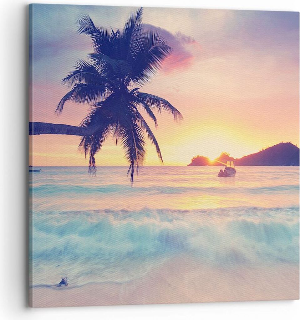 Bild auf Leinwand - Leinwandbild - Meer Strand Palme - 70x70cm - Wand Bild - Wanddeko - Wandbilder - Leinwanddruck - Bilder - Kunstdruck - Wanddeko...