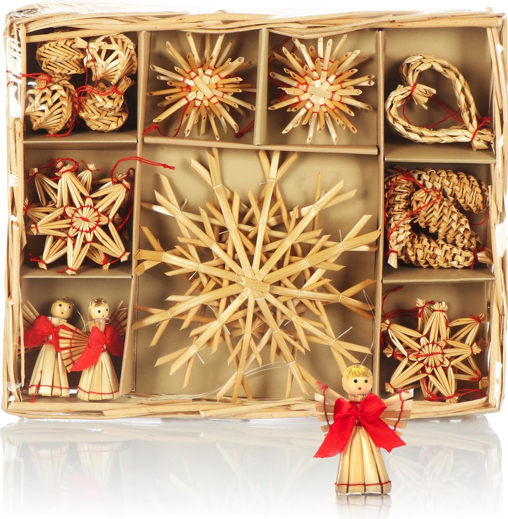 COM-FOUR 26x Strohsterne im Mix-Set - Christbaum-Schmuck - Stroh-Anhänger für den Weihnachtsbaum - natürlicher Christbaum-Behang - Weihnachtsd...