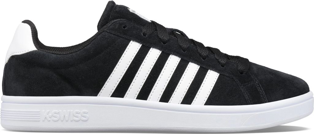 A side view of a black K-Swiss sneaker with white stripes and a white sole.