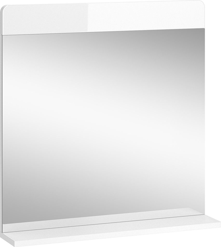 A white bathroom mirror with a shelf below it, shown against a white background.