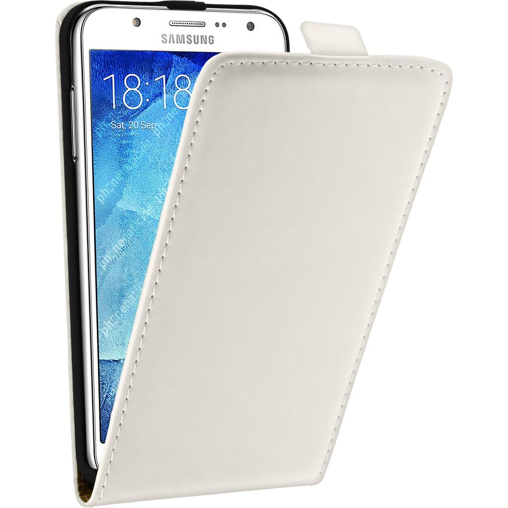 PhoneNatic Kunst-Lederhülle kompatibel mit Samsung Galaxy J7 (2015 / J700) - Flip-Case weiß + 2 Schutzfolien