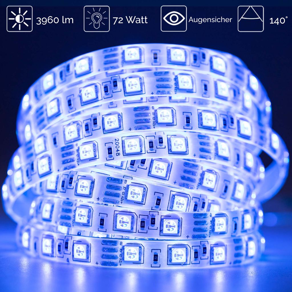 LUMILED LED Streifen 5M, 300 LEDs 12V RGB Farbwechsel 72W LED Strip SMD LED Band IP65 wasserdicht 3960 lm Selbstklebend Lichtband für Innenbereich...