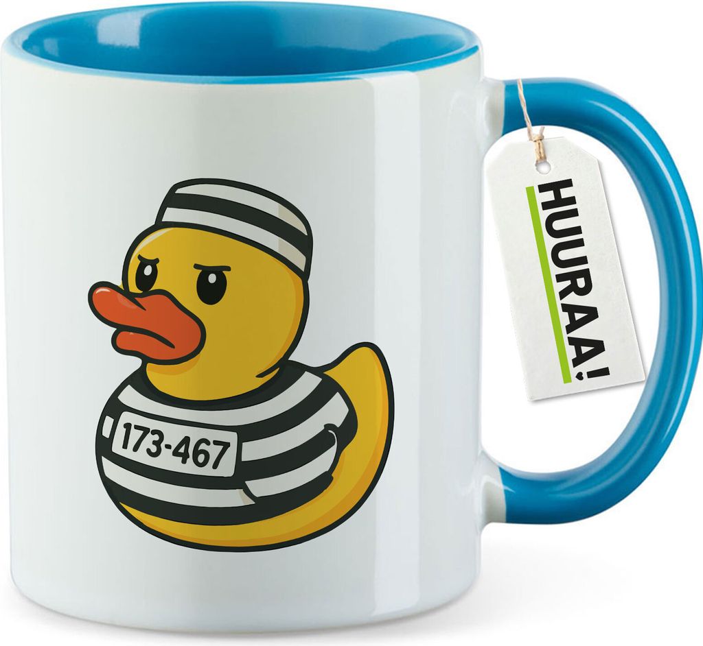 Huuraa Kaffeetasse Quietscheente Gefängnis Gummiente Knast 330ml Blau Keramik Kaffeebecher Geschenkidee