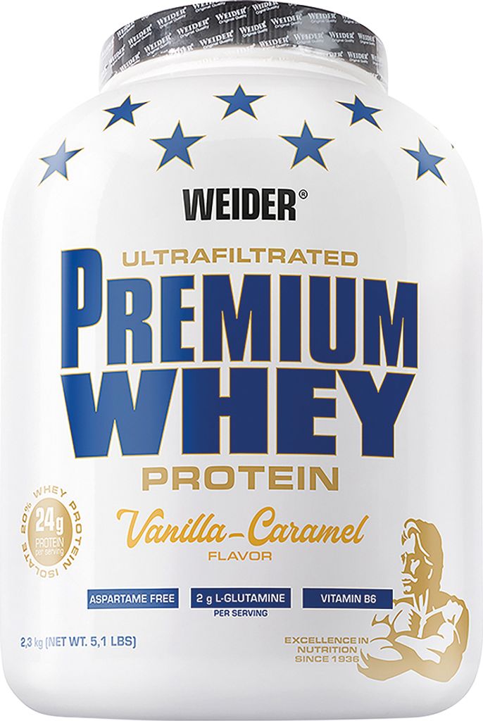 A white plastic tub of Weider Premium Whey protein powder with a Vanilla-Caramel flavor.