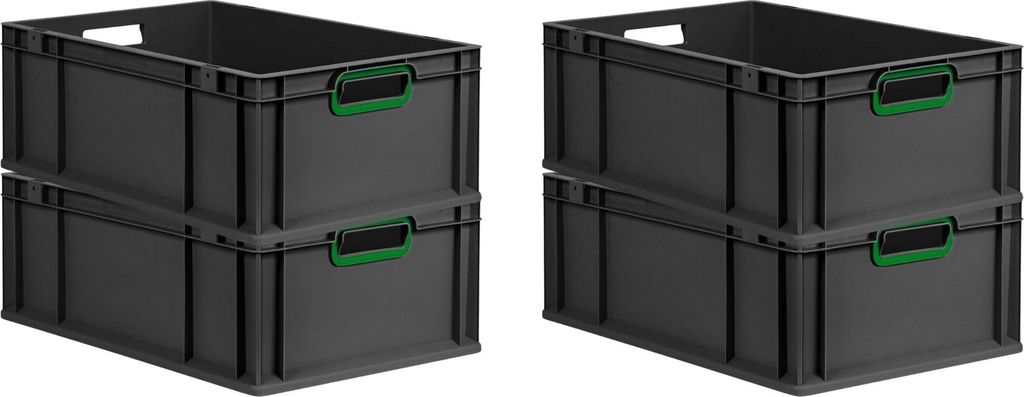 SuperSparSet 4x Eurobox NextGen Color | HxBxT 22x40x60cm | 44 Liter | Griffe grün offen | Verstärkter Boden | Schwarz | Eurobehälter, Transportb...