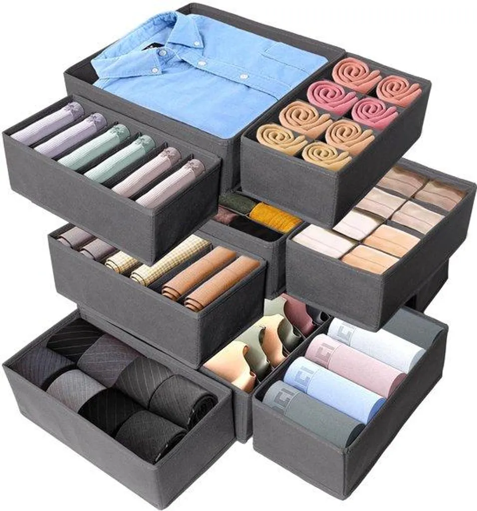 Rangement t-shirts et linge - Organiseur de placard 12 bacs gris souples