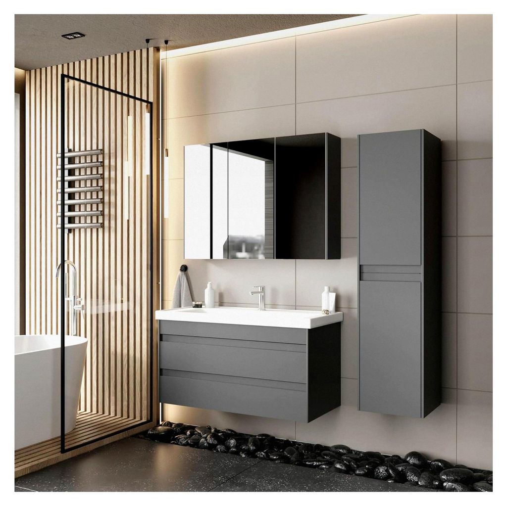 Badezimmermöbel Set Lara 100 Anthrazit mit Keramikwaschbecken, Unterschrank, Spiegelschrank, Softclose-Schubladen und -Türen sowie unsichtbaren G...