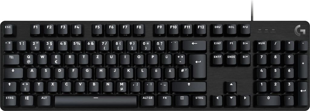A black mechanical gaming keyboard is shown from a top-down perspective against a white background.