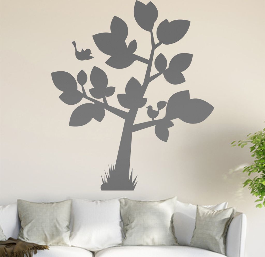 Baum mit großen Blättern - Vögel Wandtattoo in 6 Größen - Wandaufkleber Wall Sticker - Dekoration, Küche, Wohnzimmer, Schlafzimmer, Badezimmer