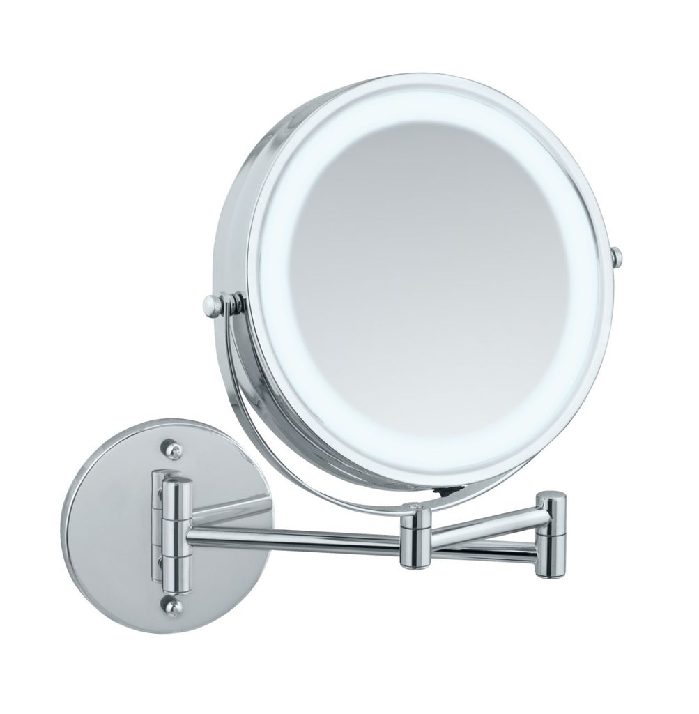 A close-up studio shot of a silver wall-mounted LED makeup mirror against a white background.