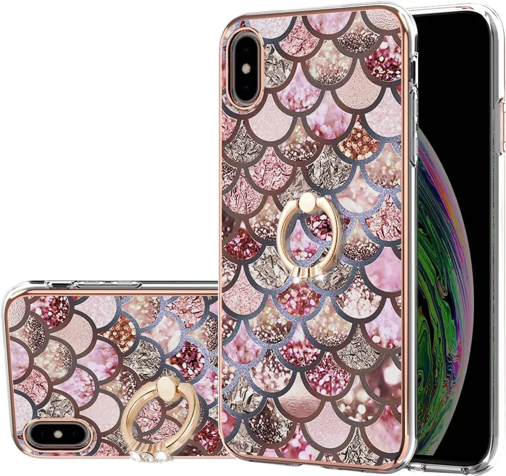 Custodia per iPhone XS Max, custodia protettiva in silicone TPU a fantasia con supporto ad anello Caffè