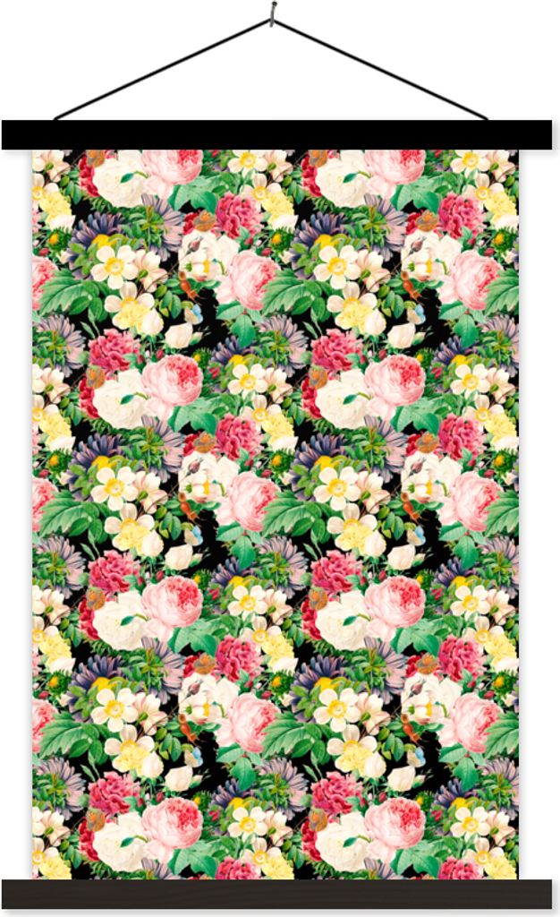 MuchoWow Textilposter Blumen - Frühling - Muster 60x90 cm mit schwarzem Rahmen - Poster Wohnzimmer