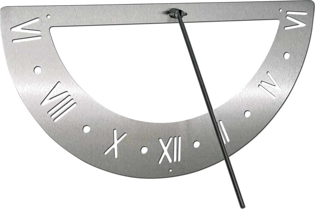 A silver sundial with Roman numerals is shown against a white background.