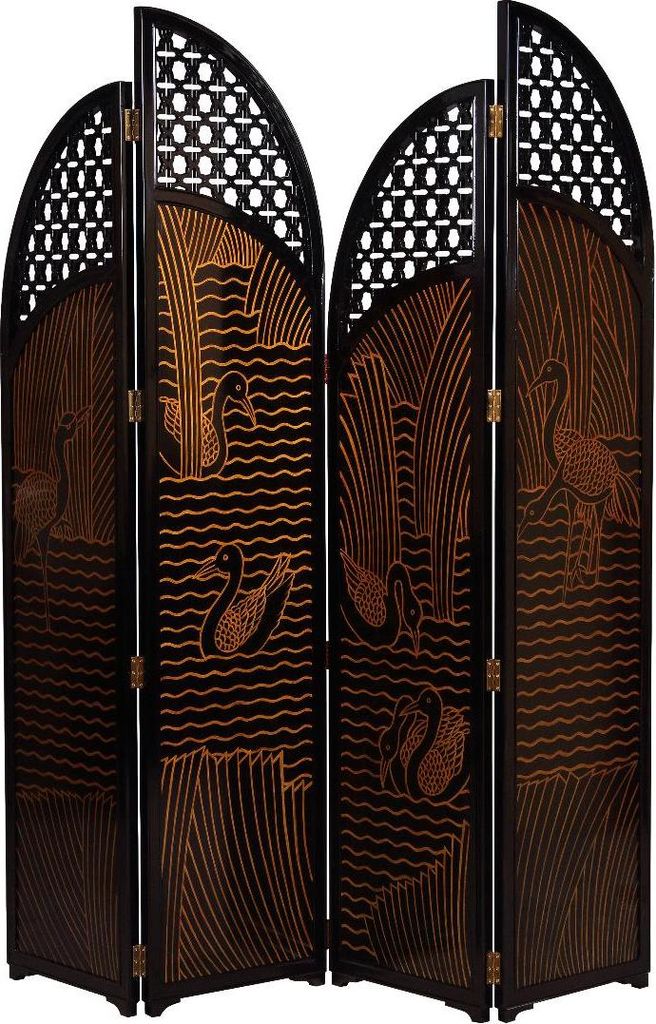 Casa Padrino Luxus Raumteiler Schwarz / Gold Enten im See Motiv 184 x H 206 cm - Vintage Style Paravent